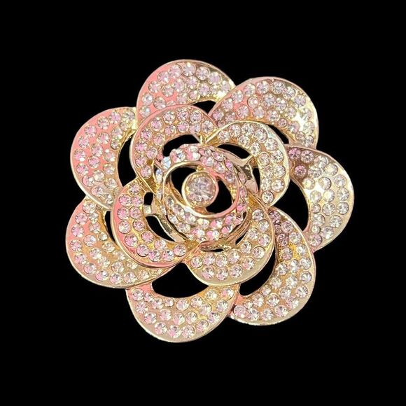 Gorgeous Large Rhinestone Flower Gold Tone Brooch - Picture 1 of 2